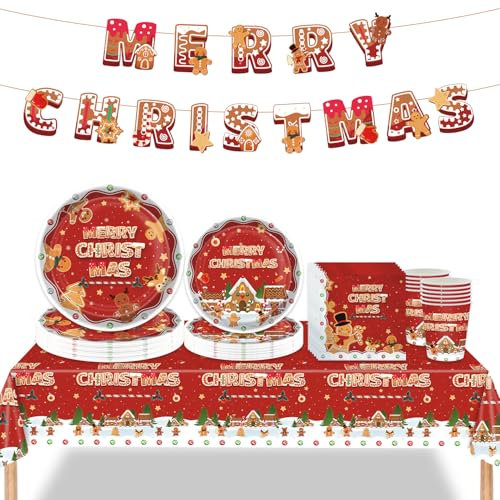 Weihnachten Party Dekorationen Geschirr Set, Weihnachten Einwegpapier Party Tischdecke Tassen Servietten Teller und Frohe Weihnachten Banner für Weihnachten Decor (Roter Pfefferkuchenmann)
