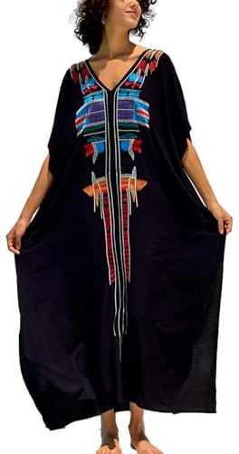 YouKD Broderade blommiga kaftan boho strandklänning bikini coverups långa badrockar för kvinnor, H svart, en storlek