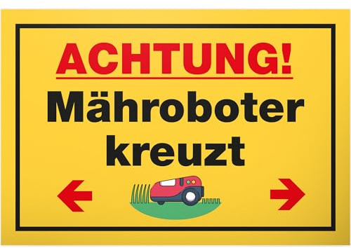 DankeDir! Mähroboter kreuzt - Schild 30x20 cm - Lustiges Hinweisschild für Garten und Rasenflächen - Gartenschild Wetterfest langlebig - Rasenmähroboter Rasenroboter