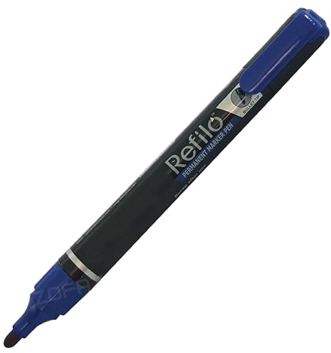 DOMPerma Permanent Marker Pens, BLUE, Bullet Tip (2.0mm), Pack of 1, Waterproof UV resistant Ink, Marks on Most Surfaces, iZOFAX Black Ball Pen