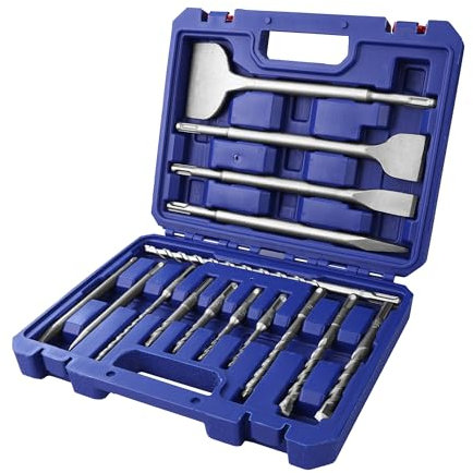 WORKPRO Set da 15 punte da trapano SDS-Plus, set di punte per trapano con mezzi punta e punta piatta per mattoni, cemento, pietra, calcestruzzo e muratura, accessori per martello perforatore