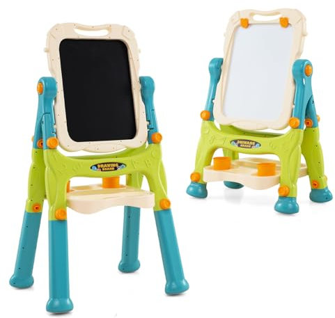 HOMASIS Kinder Tafel doppelseitig, Kindertafel mit Whiteboard & Kreidetafel, Standtafel mit verstellbaren Höhe & Winkel, magnetische Maltafel Schultafel für Kinder ab 3 Jahren (Ohne Zubehör, Grün)