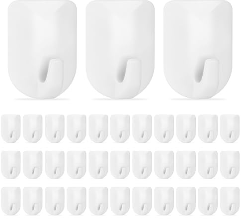 36Pcs Plastic Hooks White Self Adhesive Hooks Small Removable Wall Hook for Hanging Towel Key Necklace Multi-Function Mini Self Adhesive Hook Stick on Bathroom Bedroom Kitchen Office Closet Glass