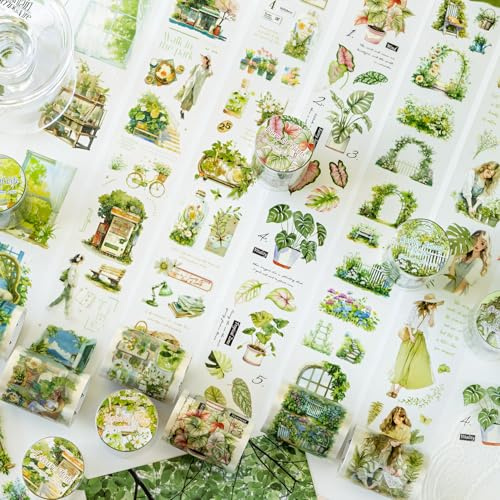Scrapbook Zubehör Stickers for Blumen, 6 Rolls PET Washi Tape Set, Transparent Tapes Sticker Erwachsene for Scrapbooking, Junk Journaling, Bullet Journal, Travel Journal (Green Oxygen Plan Series)