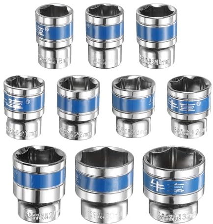 sourcing map 10 Stück 1/2-Zoll-Antrieb, 6-Punkt-Stecknuss, 18–32 mm, metrisch, flach, CR-V-Stahl, Klapp-Stecknuss, Spindel, Achsmutter, Schlag-Stecknuss für Zuhause, Auto, Sechskantmuttern, Schrauben,