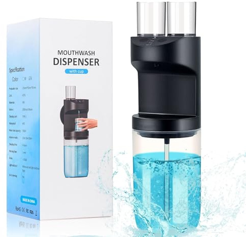 Automatischer Mundwasser Spender Elektrisch, 550 ml, Mundspülung Spender mit 3 Abgabepegel & 2 Magnetbechern, Berührungslos Mundspülspender für Kinder und Erwachsene, Intelligentes Badezimmer zubehör