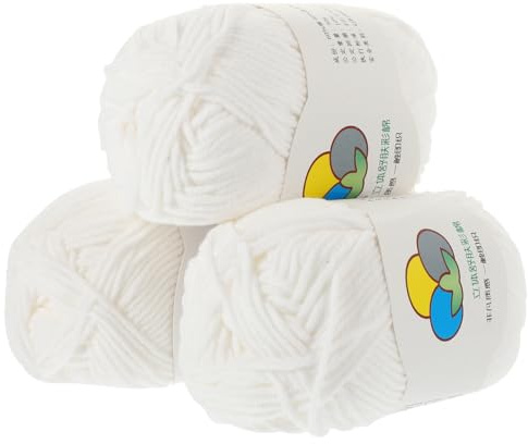 3 Rolls Cotton Crochet Yarn for Dishcloths and Knitting, Supple Hand-Knitting Spool for Clothing and Decorative Projects, Compatible with 4mm Hooks US 7/8 Needles, Machine Washable White Cotton