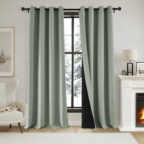 PONY DANCE Thermovorhänge Kälteschutz Winter 100% Verdunklungsvorhänge für Eingangstur Gardinen Thermo Wärmeisolierend Ösenschal 2er Set H 200 x B 140 cm, Salbeigrün