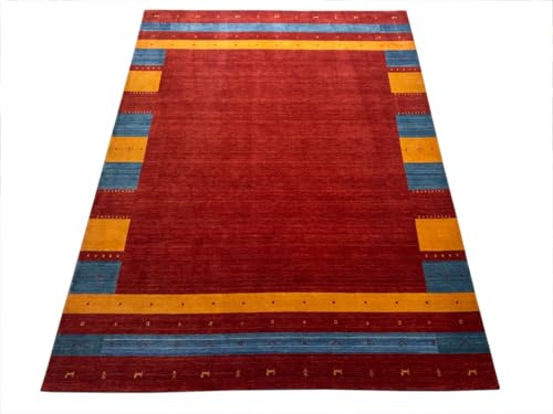 Wollteppich 250x350 Rot Blau Gelb Handgewebt Modern Unikat Compatible with Orient Teppich Br13