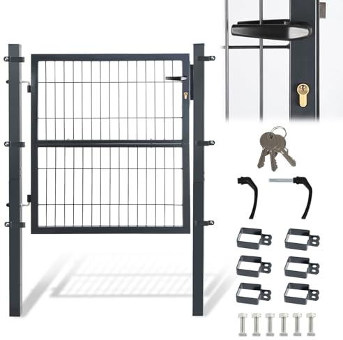 Ollewiellan Puerta de jardín de metal, 120 x 100 cm, puerta de acero galvanizado, incluye cerradura, manilla y 3 llaves, puerta de valla robusta y duradera, resistente a la intemperie