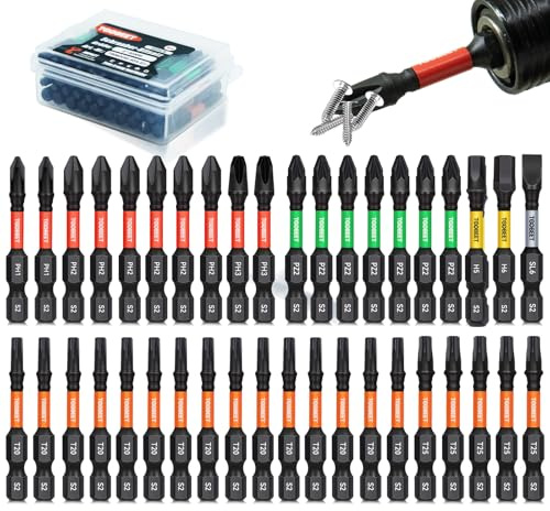 Toobeet Torx Impact Schraubendreher Bits Set, 20tlg. Magnetischen S2-Stahl 25mm T20 Schlagfeste Schrauber Bitsatz für Schlagwerkzeuge mit 1 (75 mm) langem Bithalter (40, 50mm-MixedB-40 Stück)