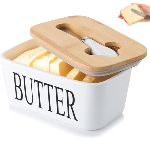 Butter Dish Ceramic Cream Dishes with Wooden Lid and Sealing Ring, Spreadable Porcelain Butter Knife, White