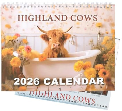 2026 Highland Cow Wall Calendar- Funny & Whimsical Highland Cattle Calendar, Animal Lovers & Home/Office Decor, 12-Month Spiral-Bound Calendar (Bathtub highland cow)