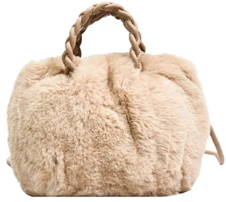 FREOJGU Plyschväska, elegant crossbody-väska för kvinnor, enfärgad, fluffig väska, vävt handtag, bärbar handväska, liten reseväska för flickor, kaki, Taille unique