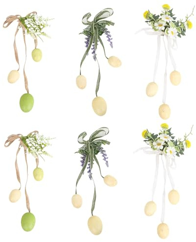 6 Pcs Artificial Easter Eggs Flowers Decorations Wreath Decorative Spring Floral Stems Twig Branches with Ribbon Easter Floral Arrangement Wreath Decoration for Indoor Outdoor Home Garden Yard