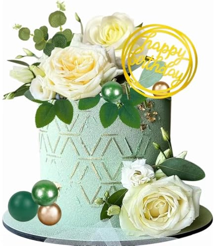 Toyhood 28pcs Cake Artificial Rose Decorations, with Color Ball Cake Topper, White Artificial Flower and Leaves, Green Gold White Cake Balls, for Birthday Wedding Party Decoration