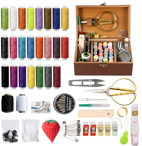 SUNNYNEST Wooden Sewing Box Organizer with Complete Sewing Kit, Premium Wooden Sewing Basket with Compartments, All-in-One Home Sewing Accessories Storage for Beginners (Brown S)