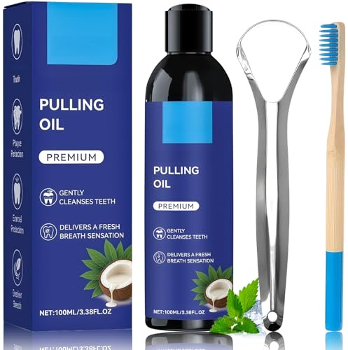 Coconut Oil Pulling Mouthwash for Teeth Fresh Breath, Fluoride Free Mouthwash with Coconut Oil for Teeth Pulling, Alcohol-Free Natural Formula, 100ml with Toothbrush and Tongue Scraper Included