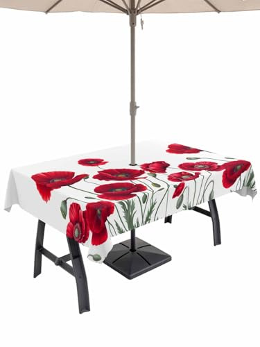 Outdoor Tablecloth with Umbrella Hole&Zipper-Rectangle 60x84in Tablecloths,Spring Red Opium Poppy Flower Waterproof Table Cloth Table Cover for Patio Garden Tables Decor Summer Watercolor Plant