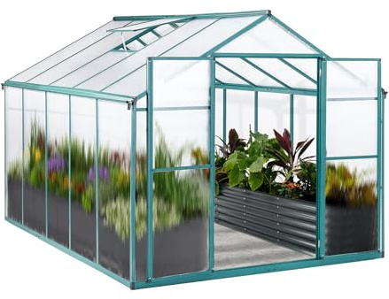 Euboer Gewächshaus Aluminium mit Fundament 301x238cm - 7,18m² Tomatenhaus winterfestes Gewächshaus in Grau - stabiles Gartengewächshaus für Balkon & Garten (Grün, 301*238*210cm)