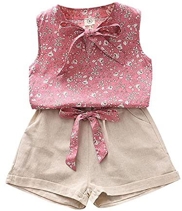 Niñas Conjuntos de Ropa Verano Camiseta sin Mangas y Pantalones Sueltos Traje Casual Cortos Moda Festiva bebé niña Dos Piezas 8543 Primavera#G