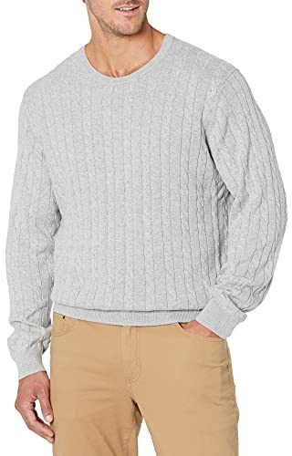 Amazon Essentials Herren Baumwoll-Pullover mit Rundhalsausschnitt und Zopfmuster, Hellgrau Meliert, L