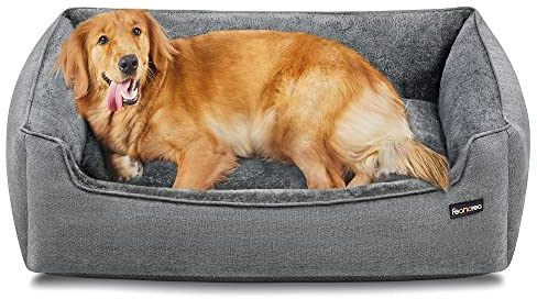 Feandrea Hundebett, Hundekissen in Leinenoptik, Hundekorb, erhöhte Ränder, rutschfeste Unterseite, Bezug abnehmbar waschbar, XL, für große Hunde, 110 x 75 x 27 cm, hellgrau PGW12GG
