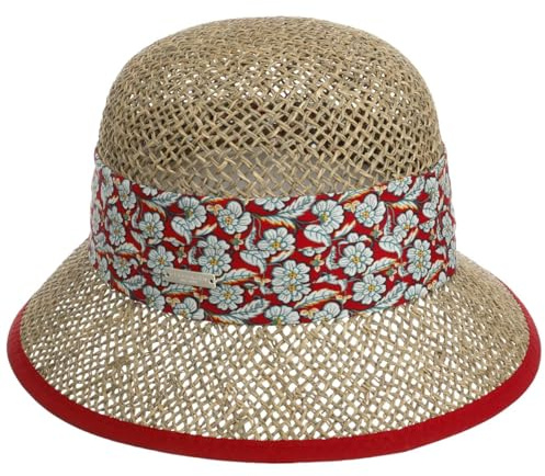 Seeberger Mariva Flower Glockenhut Damenhut Strohhut Gartenhut Sommerhut Sonnenhut Damen - Sommer Frühling-Sommer - S (54-55 cm) Natur-rot