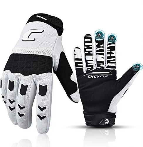 CHCYCLE Dirt Bike Gloves Mountain Bike Motocross Motorcycle Gloves for Men Motorbike ATV Racing Touch Screen Full Finger Glove for Cycling BMX MTB MX Climbing (Large, White)