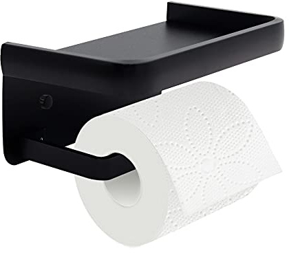 Jnnicong Toilet Roll Holder With Shelf, Black Toilet Paper Holder, Toilet Roll Holder Wall Mounted，Bathroom Adhesive Toilet Paper Holder SUS 304 Stainless Steel Modern Paper Towel Holder.