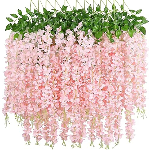12 Pack Glyzinie Blume Reben Girlande, 3.75 Fuß künstliche Blumen Strings, gefälschte hängende Blumen, Seide Wisteria Girlande Blumen, Wisteria Rebe für Hochzeit, Garten, Wanddekoration (Pfirsich)