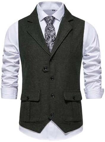 Gilets en tweed à chevrons pour hommes avec col en V, gilets de costume décontractés pour occasions formelles et informelles, Vert, S