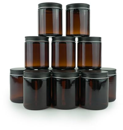 Nature Packaged Glass Amber 8oz Jar - 12 Packs, Empty Round Jars For Beauty Products, Lotion, and Powders - Black Lid - Small Candle Jars