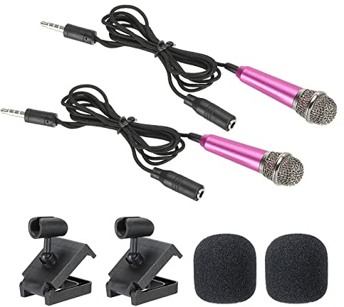 PATIKIL 2 STK Mini Karaoke Mikrofon Tragbar Stimme Kleines Mic Rosenrot 3.5mm Universalkabel für Sprachaufnahme und Gesang mit Mikrofonständer und Deckel