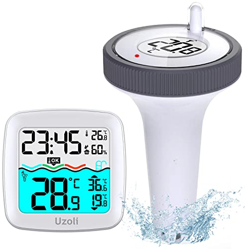 Uzoli Poolthermometer schwimmend funk mit Poolsensor Wassertemperatur Innentemperatur LCD-Display Komfortstufe Uhrzeit Wecker IPX7 Thermometer für Pool Schwimmbad Teich - EM3385