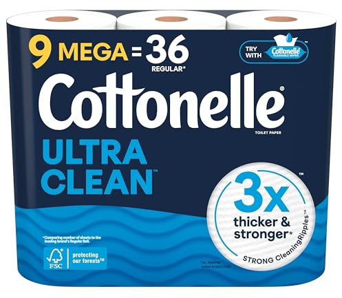 Cottonelle Toilet Paper, 9 Mega Rolls = 36 Regular Rolls, Ultra Clean, Strong Bathroom Tissue, 284 Sheets per Roll, Packaging May Vary