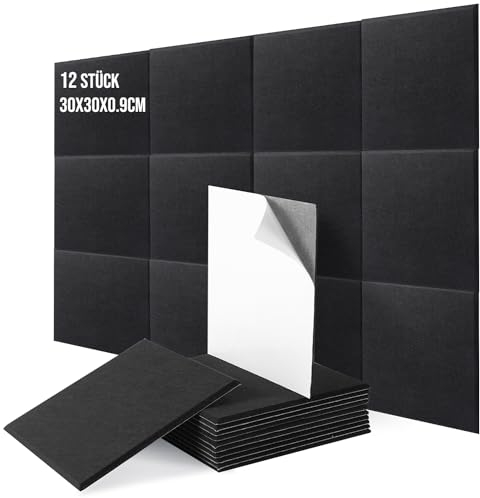 Ezcasch Panneaux Acoustiques Autocollants, 12 Pièces Panneau Acoustique Mural de Bruit Carrées, Isolation Phonique Mur Mousse Acoustique Haute Densité 230kg/m³pour Studio, Bureau（Noir）