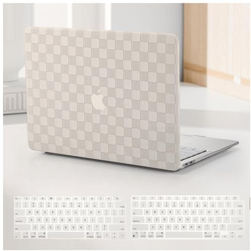 BYCeKe Compatible with MacBook Air 13 Inch 2022 2021-2018 M1 A2337 A2179 A1932, Checkered Textured Cream Leather Hard Shell Case No Logo Cutout & Keyboard Cover for Mac Air 13, Beige