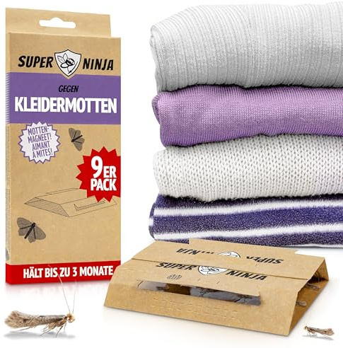 Super Ninja Kleidermottenfalle, 9 Mottenfallen für Kleidermotten | Klebrige Pheromonfalle, Mottenschutz für Kleiderschrank, ideal zum Schutz von Kleidung & Schubladen, hält bis zu 3 Monate