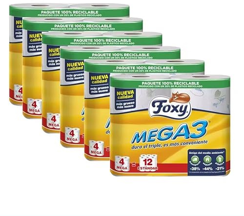 Foxy Mega | Papel higiénico 4x6=24 rollos| 390 servicios por rollo | Decorado | 100% Energía Eléctrica Renovable | Paquete fabricado con plástico reciclado (6)