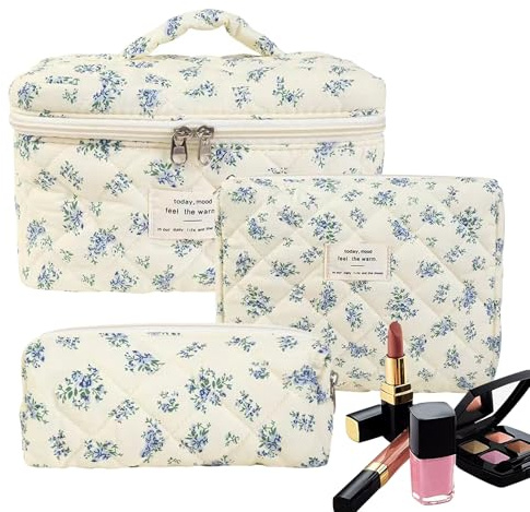 Kosmetiktasche Set Damen, 3-teiliges Reise Schminktasche Mit Blumenmuster, Kulturbeutel Kulturtasche Aus Baumwoll, Make Up Tasche Cosmetic Organizer Für Frauen Mädchen (Stil C)