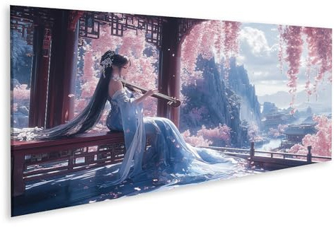 islandburner Prime Bild auf Leinwand Japanische Frau spielt Instrument unter blühenden Kirschbäumen mit Bergkulisse Bilder Wandbilder Poster