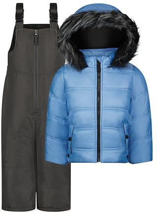 Jessica Simpson Girls' 2-Piece Snowsuit with Snow Bib and Puffer Jacket with Faux Fur Hood, Light Blue, 5/6