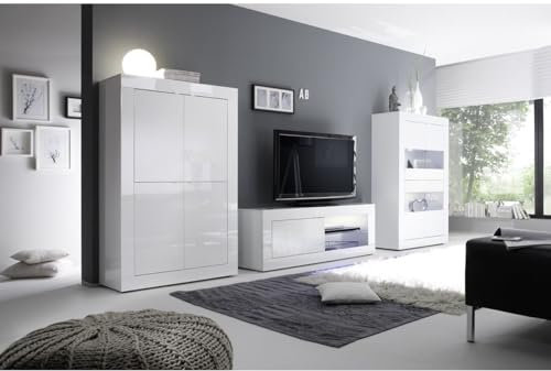 AltoBuy OTELLO - Ensemble Salon avec Vitrine 4 Portes Finition Blanc Laqué Weiss avec LEDs