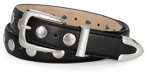 JASGOOD Women Leather Belt Fashion Studded Belt Ladies Punk Belt Gold Buckle Vintage Leather Belt for Jeans Dress,Black