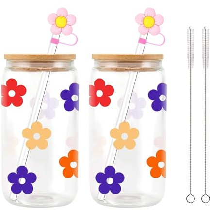 DYUEE 2 Sets 480ml Can Shaped Glass Cups Set, Drinking Glasses with Wood Lids and Straws, Iced Coffee Cup with Straw Cap&Straw Brush, Cup Set Gift for Sister Friend Birthday Anniversary Valentine