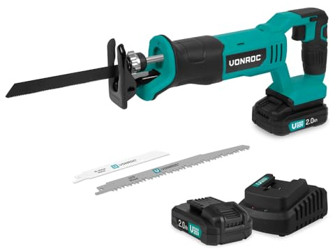 VONROC Scie à guichet sans fil 20V - 3 lames de scie incluses - 2 batteries 2.0Ah et chargeur inclus