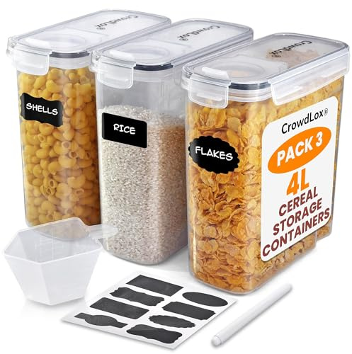 CrowdLox Cereal Storage Containers 4L Food Grade and BPA Free Sets with Lids and Labels Kitchen Storage & Organisation Food Containers Large Kitchen Organiser for Cornflakes (Pack of 3)