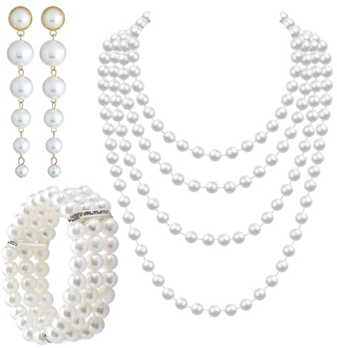 HSLPSM 3 Stück Perlen Schmuck Set für Damen, Perlen Set mit langen Kunststoffperlen Ohrringen, 3 Reihiges Stretch Perlenarmband, 1920er Perlenkette für Party Abschlussball Hochzeit Festival Halloween