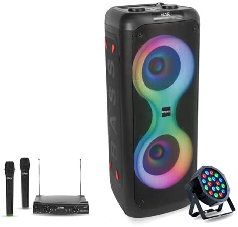 Ibiza – Pack Altavoz Karaoke con batería USB Bluetooth 700W TWS LED Ibiza Sound COLUMBA700-2 micrófonos inalámbricos – Proyector por RGB
